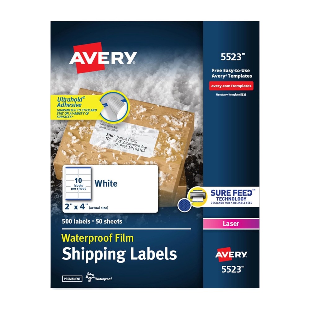 Avery WeatherProof Shipping Labels w/TrueBlock Laser White 2 x 4 500/Pack 5523