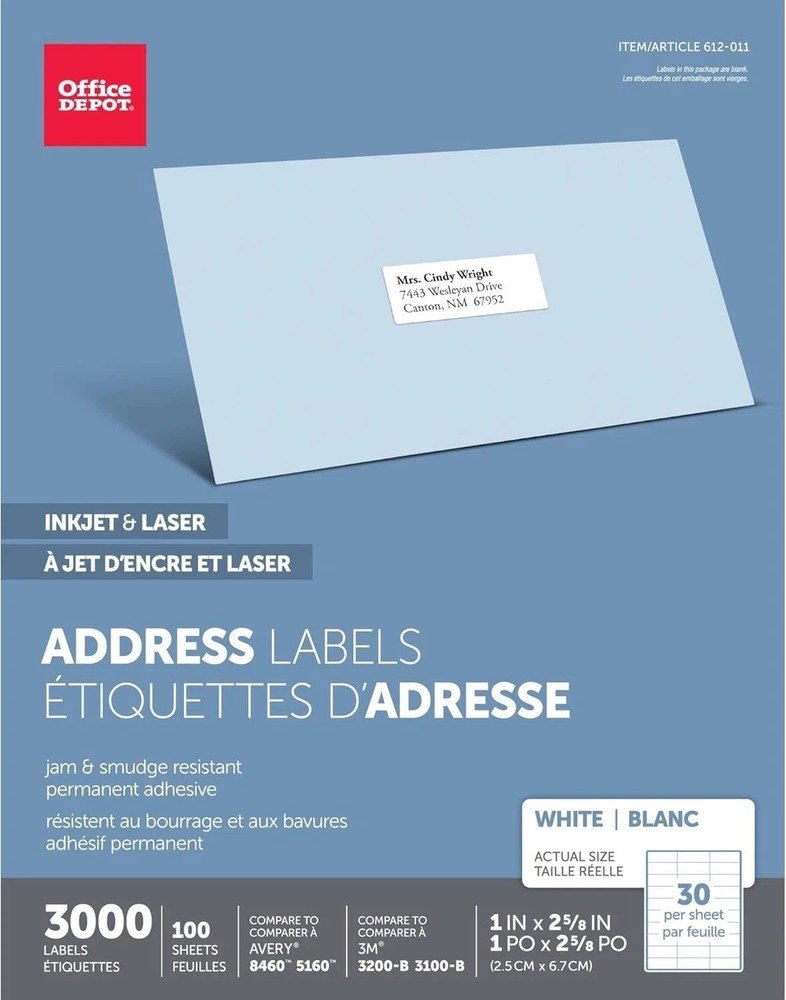 Office Depot Inkjet/Laser Labels 100 Sheets 30/Sheet 3000 White Avery 8460 5160