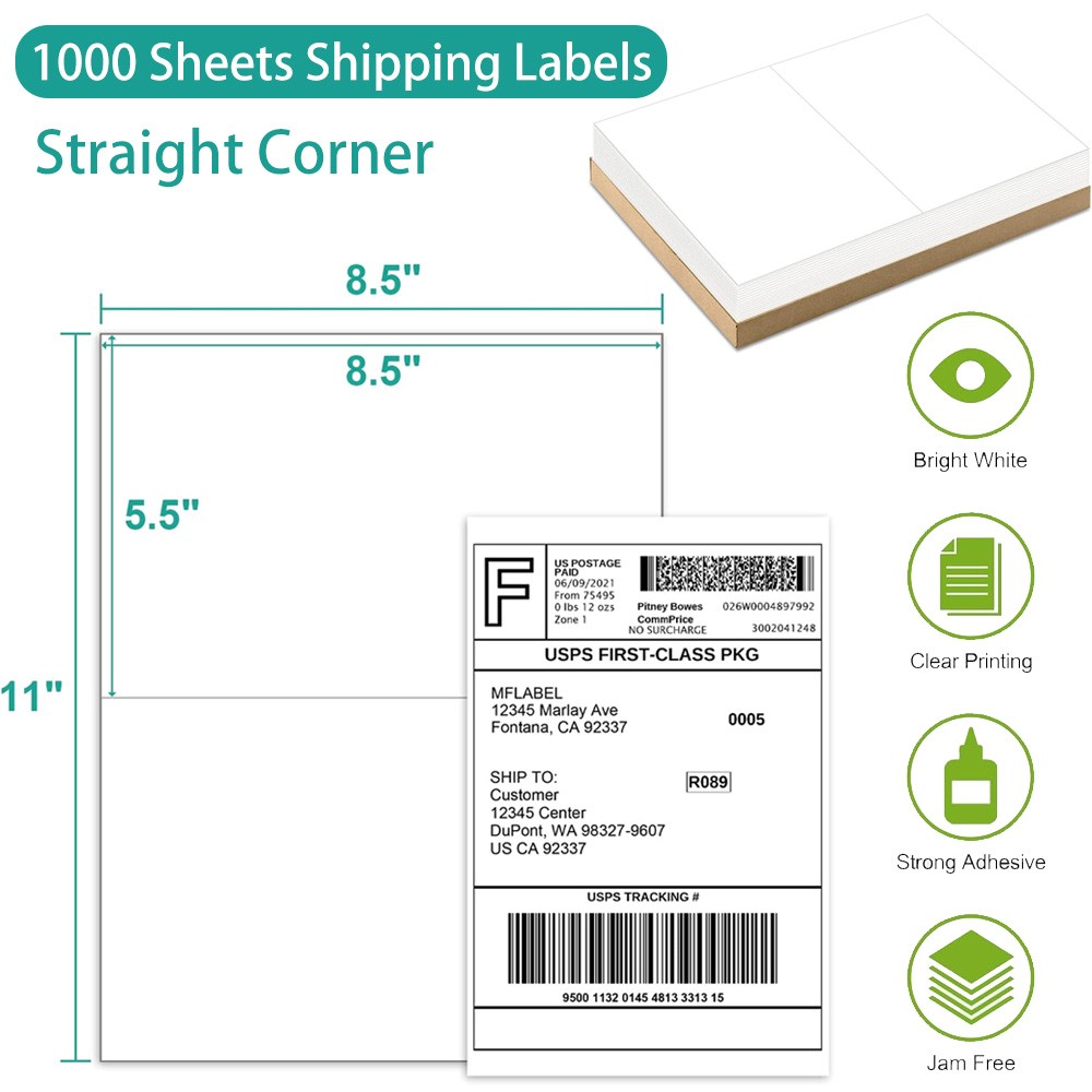 1000 8.5”x5.5” Shipping Mailing Labels Half Sheet Self Adhesive for Laser ink