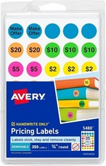 Garage Sale Labels on 4x6in Sheets Handwrite Only 3/4in dia Assorted 350/PK