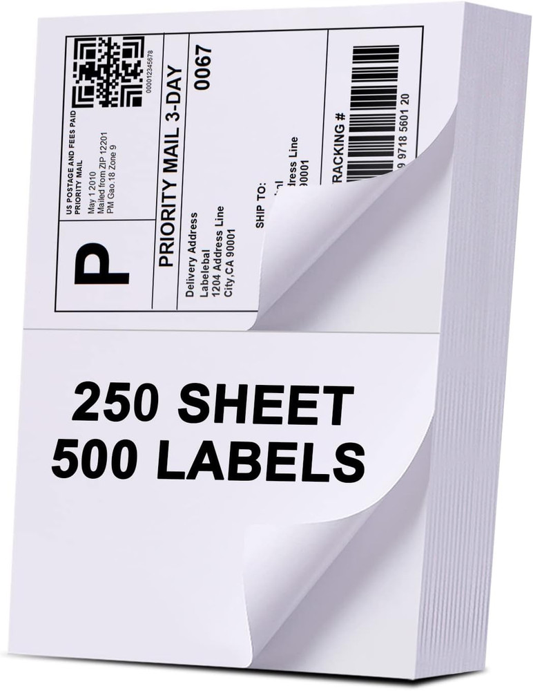 (500 Labels/250 Sheets) Half Sheet Labels, Shipping Labels 2 per Sheet for Lase