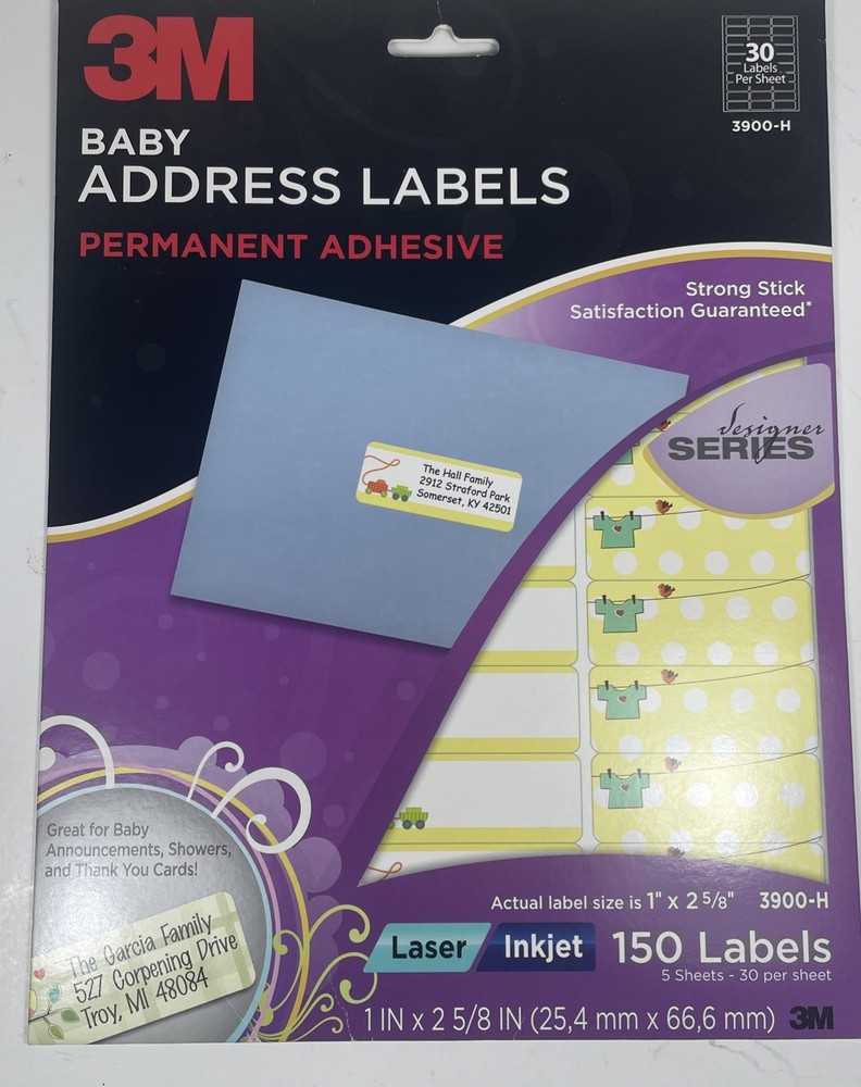 150-COUNT 3M BABY ADDRESS LABELS 3900-H Laser Inkjet Labels Permanent Adhesive