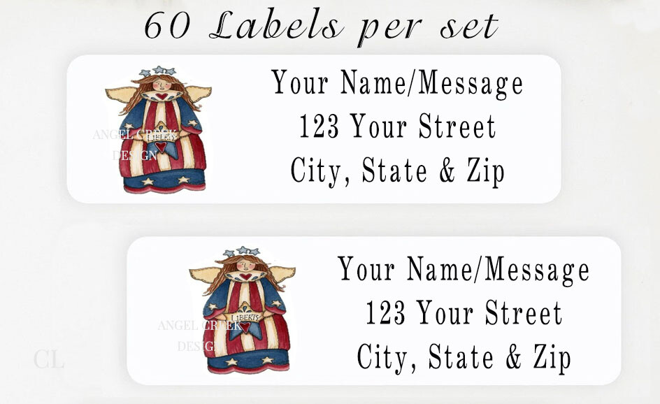 60 Personalized Return Address Labels 2/3″ x 1 3/4″- Americana USA Angel