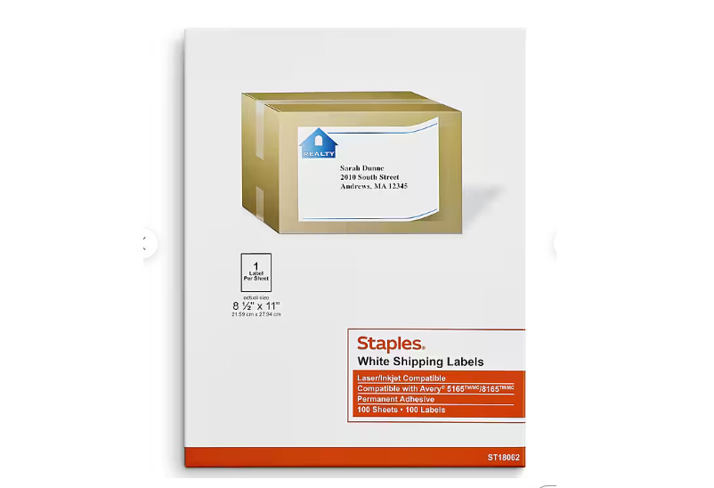 Staples Laser/Inkjet Shipping Labels 8 1/2″ x 11″ White 1 Label/Sheet 100 Sheets