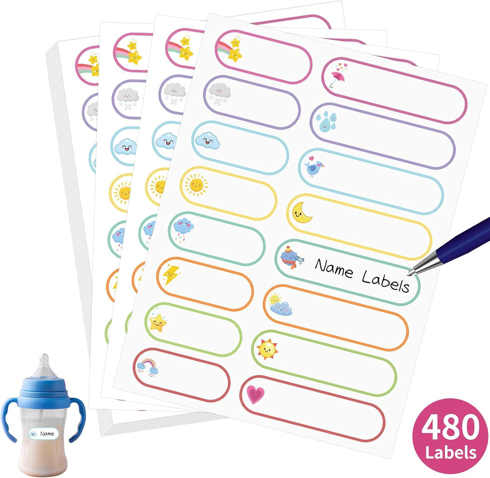 480 Labels for Kids Stuff Daycare, Waterproof Baby Name Label, Washable Bottle
