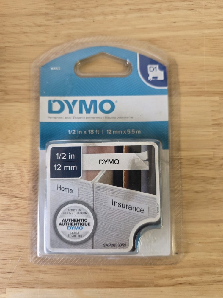 Dymo Permanent High Performance D1 12mm Tape, 1/2″ X 18′ Black on White #16955