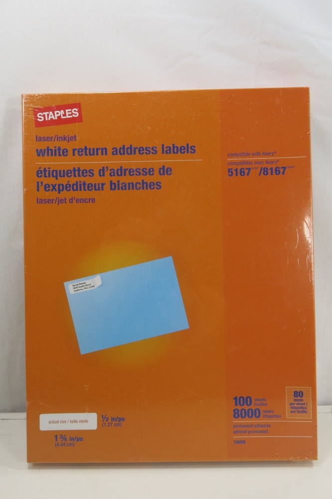 Staples Laser/Inkjet White Return Address 8000 Labels 100 Sheets 5167/8167 Avery