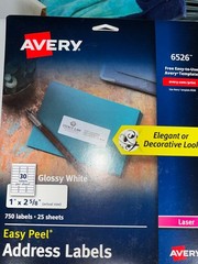40 Sheets Avery 6526 Laser Address Labels Glossy White 1″ x 2-5/8″ 1000 Sheets