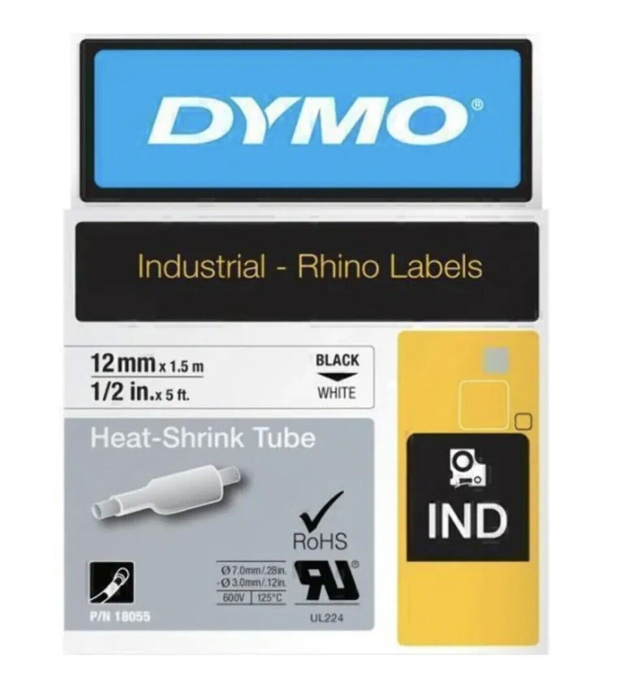 NEW Genuine Dymo 18055 Rhino Industrial Heat Shrink Tube 12mm Black On White