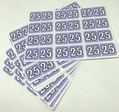 25 year labels in page format. 252 labels/pack, 3/4′ x 1-1/2″ size, lt lavender