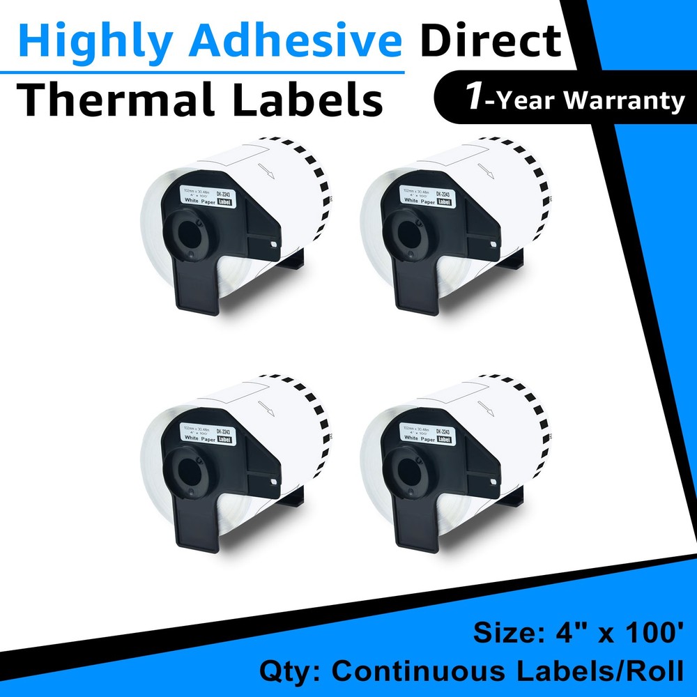 4Rolls 4″x100′ Continuous Paper Tape DK-2243 for Brother QL-1050 Label Printer