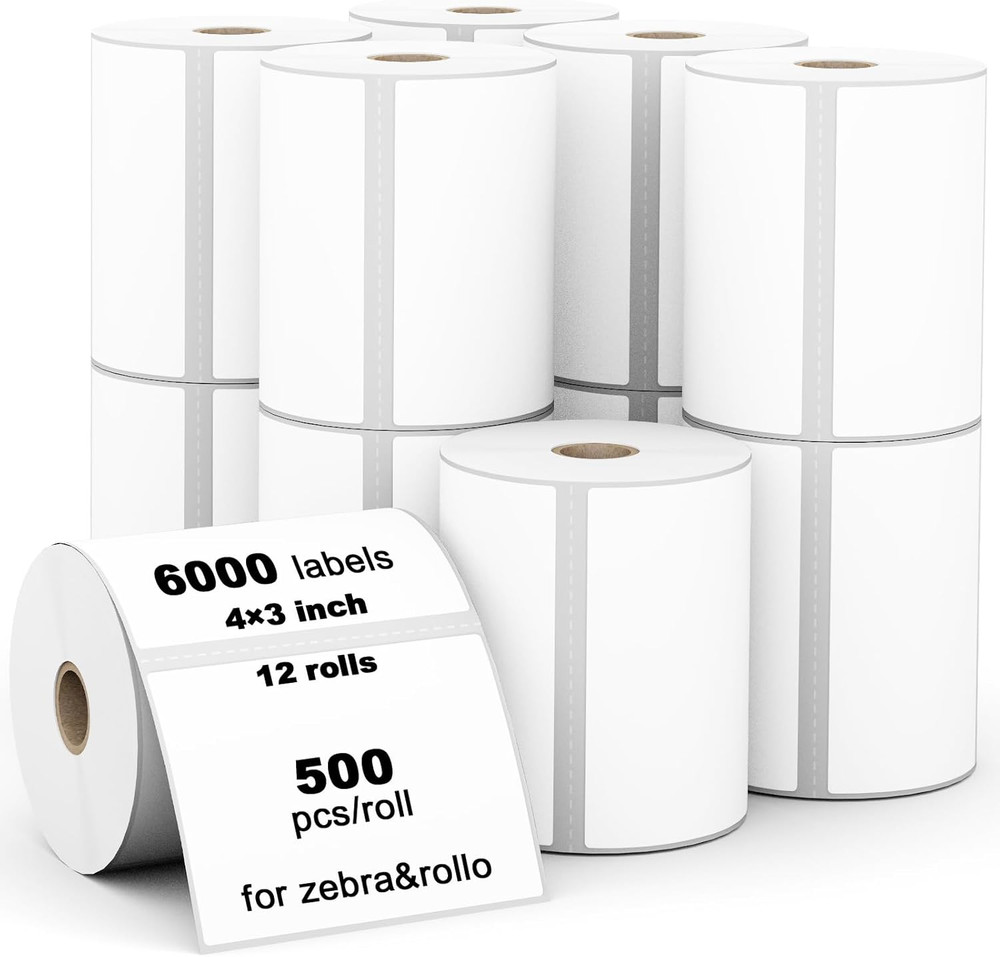 6000 Direct Thermal Labels 4″ x 3″ for Zebra & Rollo Printers – 12 Rolls