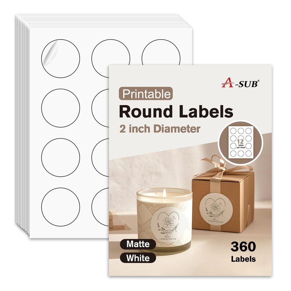 2″ Round Label Stickers for Inkjet or Laser Printer, Matte White, 360 Printable