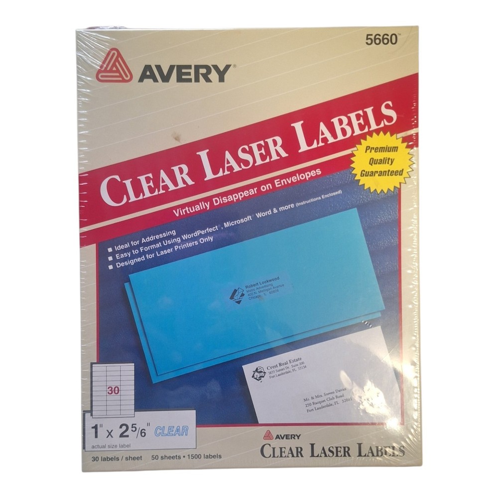 Avery 5660 Clear Laser Mailing Address Labels 1 x 2 5/6 1500 Labels Sealed USA