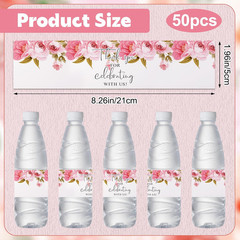Wedding Water Bottle Labels Thank You, 50 Pcs Pink Rose Flower Wraps Floral