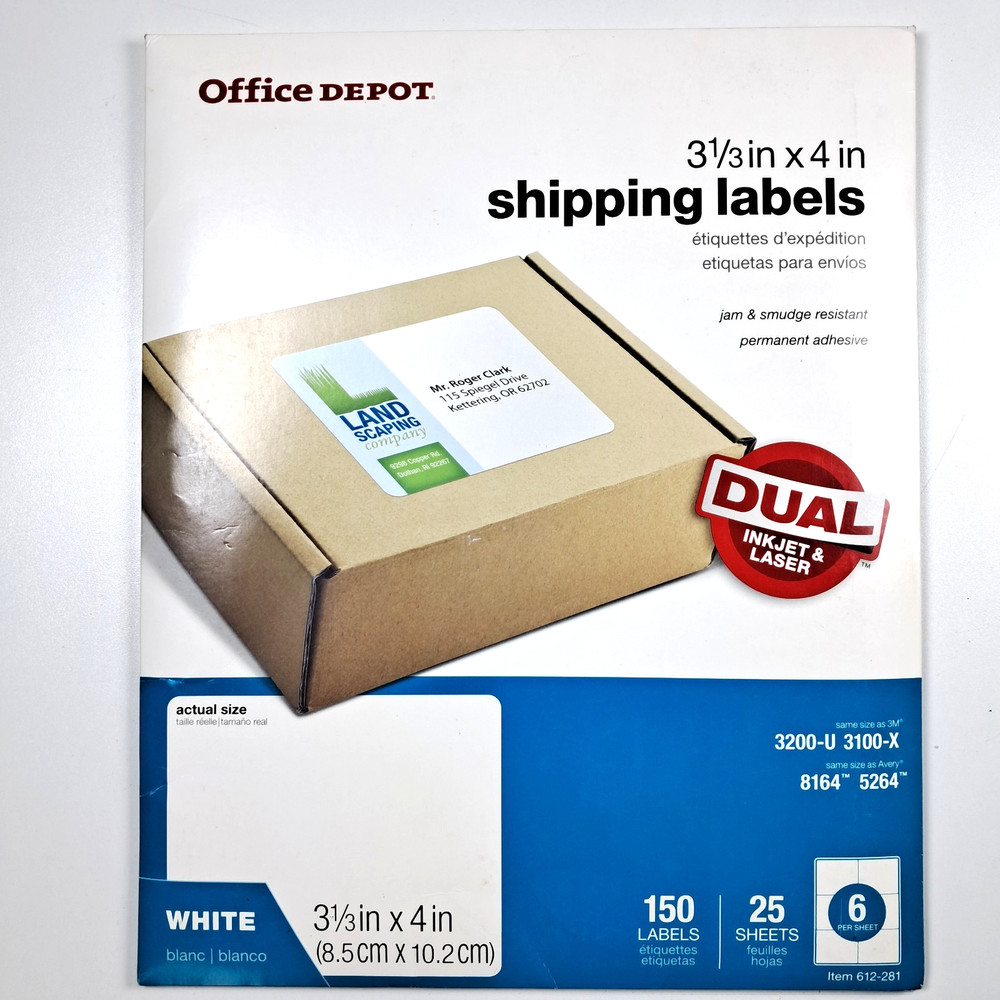 *24 Sheets* 3 1/3″ x 4″ White Shipping Labels for Inkjet/Laser Office Depot