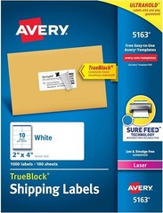 Avery 5163 Laser Labels, Mailing, Permanent, 2-Inch x4-Inch , 1000/BX, White