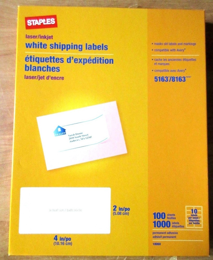 Staples 5163 / 8163 Laser/inkjet White Mailing Labels 660 Labels 2 x 4  