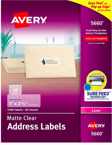 Avery 1″ X 2-5/8″ Easy Peel Laser Address Label 300 Labels 10 Sheets 5660