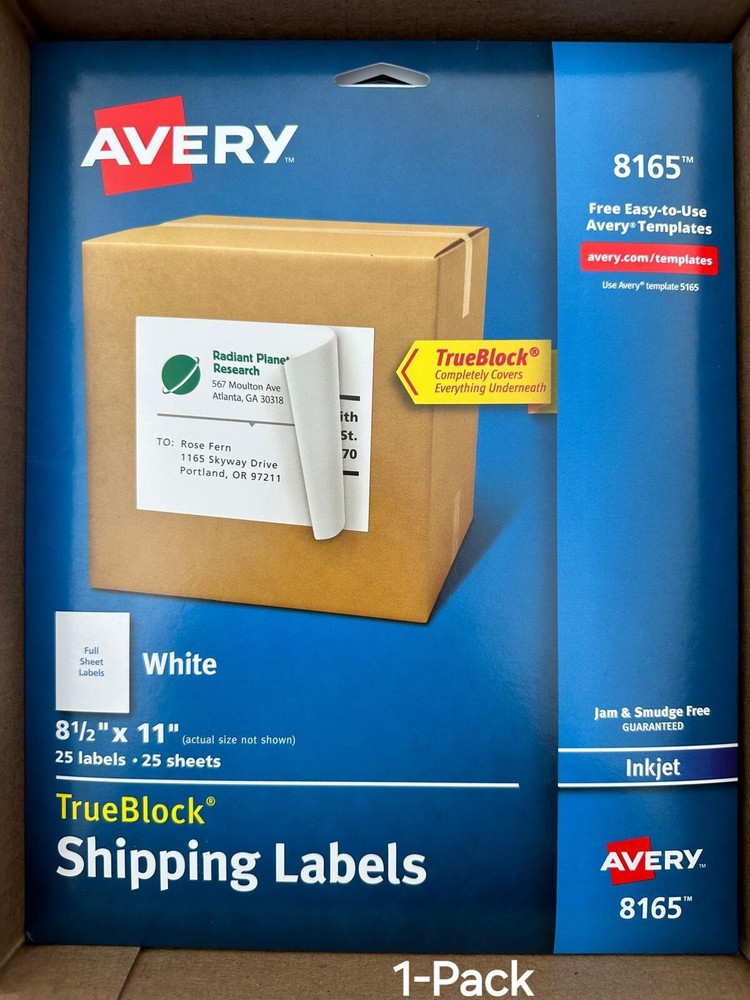 1 x AVERY 8165 Full-Sheet TrueBlock Shipping Labels, 8 1/2″ x 11″ White, Inkjet
