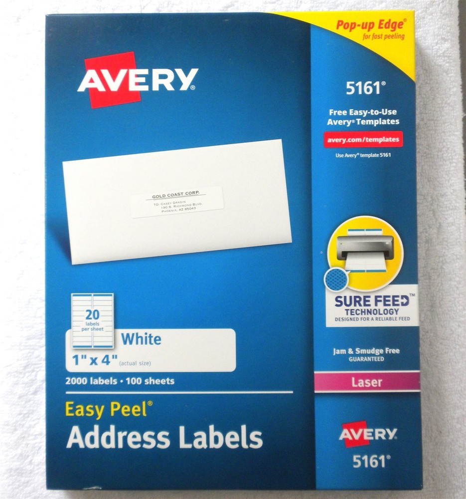AVERY 5161 WHITE ADHESIVE 2000 LASER EASY PEEL JAM FREE ADDRESS LABELS 4″X1″ NEW