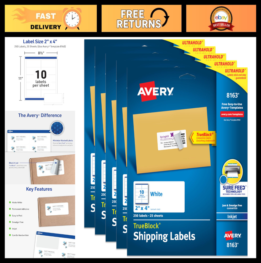 Customizable 2″ x 4″ Printable Shipping Labels – 1,250 Blank Stickers, White, 5-