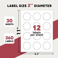2″ round Label Stickers for Inkjet or Laser Printer, Glossy White, 360 Printa…