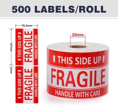 3 x 5 Inch Handle with Care This Side Up 500 Permanent Adhesive Fragile Stickers