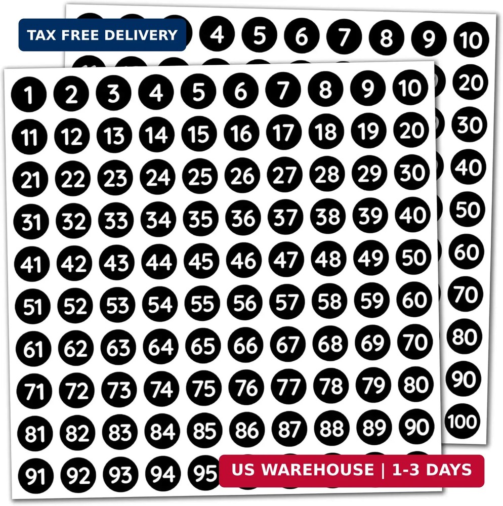 25 Sheets, 1-100 Number Stickers Labels – 0.4″ Round, Black, Pack of 2500