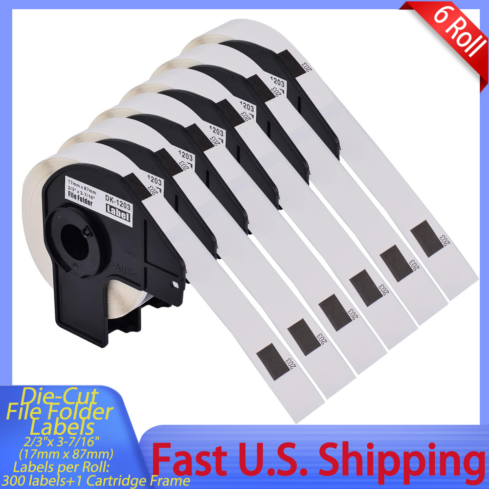 6 x 300 Paper File Folder Labels (0.66 in x 3.4 in) DK-1203 DK1203 For Brother