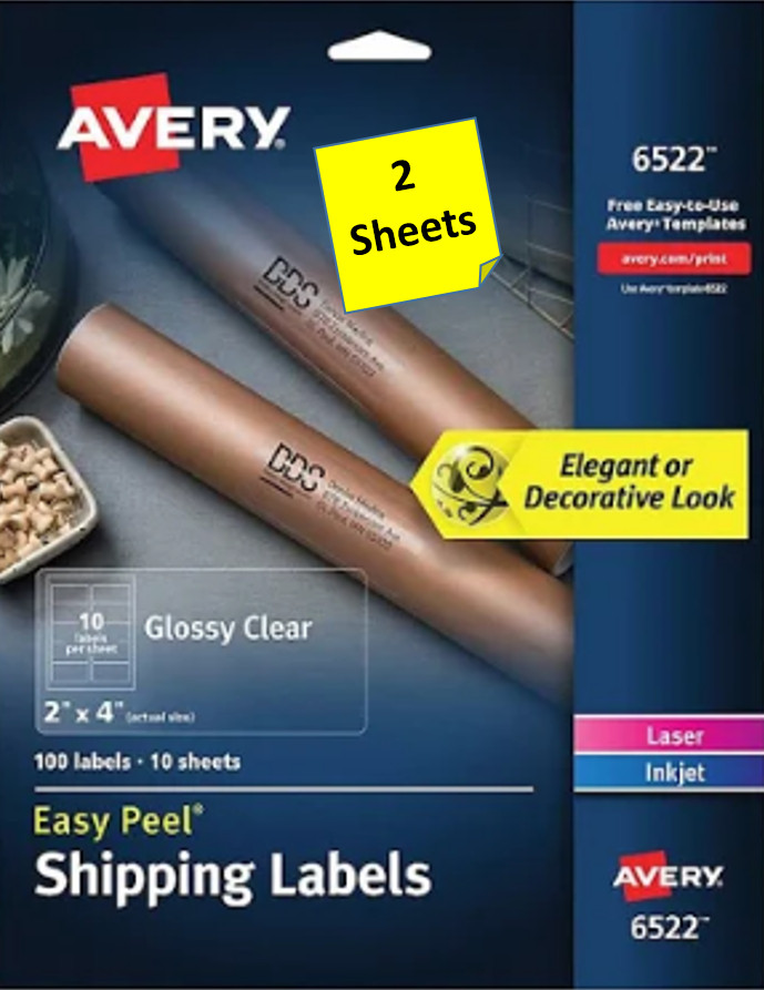[2 Sheets] Avery 6522 Glossy Clear Shipping Labels 2 x 4 LASER/INKJET