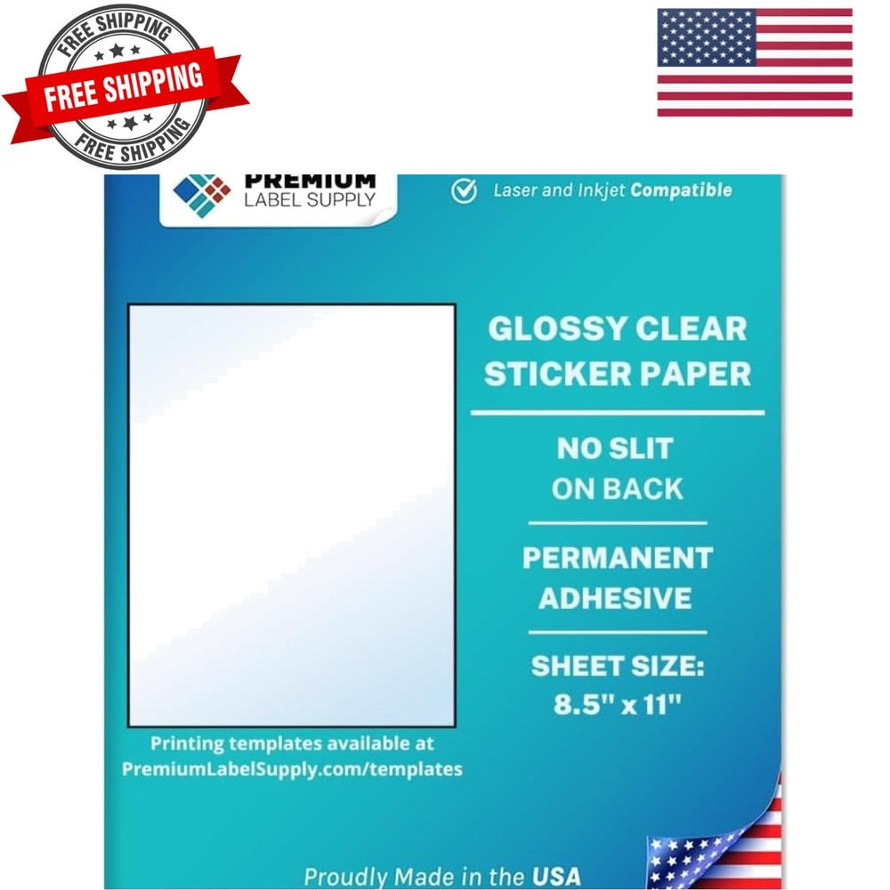 Glossy Clear Sticker Paper – 8.5″ x 11″ Full Sheet Labels – Laser/Inkjet Comp…