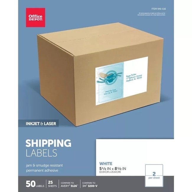 Office Depot Brand Inkjet/Laser Shipping Labels, 50pc Rectangle, 5 1/2″ x 8 1/2″