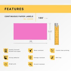 Non-OEM Fits BROTHER DK-2205 PINK Continuous Labels (9) Rolls 2-4/9″ by 100′