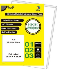 Pack of 100 Sheets-High Sticky Printable Matte Self Adhesive Full Sheet A4 St