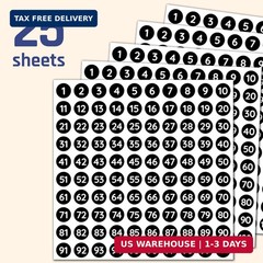 25 Sheets, 1-100 Number Stickers Labels – 0.4″ Round, Black, Pack of 2500