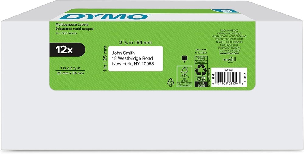 DYMO 2050821 Authentic LabelWriter Multi-Purpose Labels – 2-1/8″ x 54mm 12 Roll