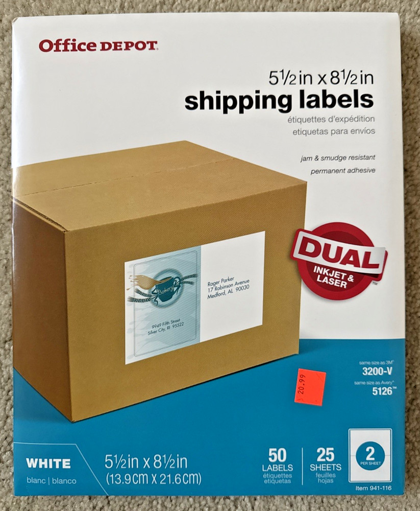 NEW 50ct White Office Depot Inkjet/Laser Shipping Labels, Rectangle, 5.5″ x 8.5″