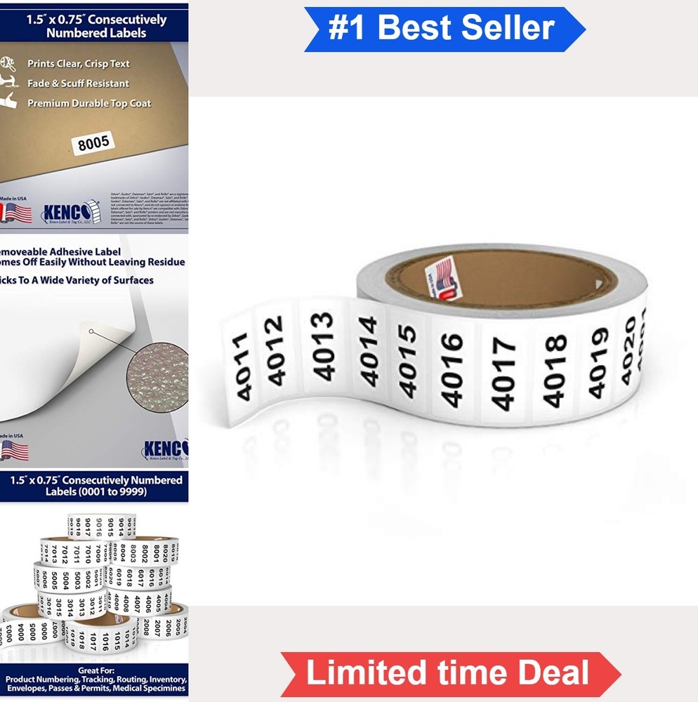 Consecutively Numbered Labels 1.5 x 0.75 Inch White Paper 1000 Per Roll Numbers