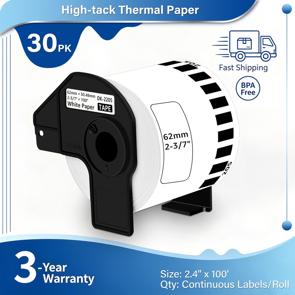30Rolls 2-3/7″ x 100′ Continuous Paper Tape DK-2205 for Brother QL-1050N Label