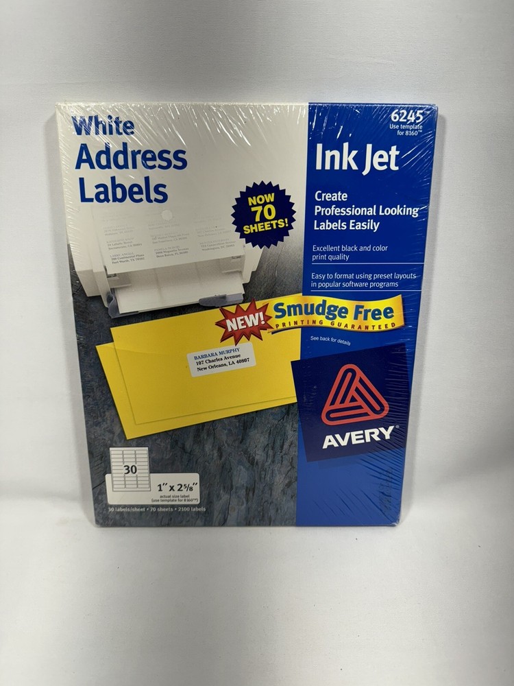Avery 6245/8160 Quick Peel Ink Jet Labels 30/Page 2100 Count 1″x 2 5/8″