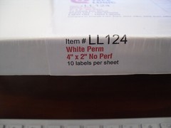 WHITE PERM : 4 x 2″ Labels – 1,000 Labels, 10/Sheet 100 PER SHEET #LL 124