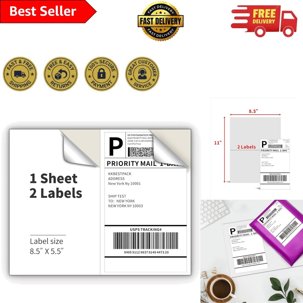 200 White Shipping Labels in Half Sheet Design – Perfect for All Printing Needs