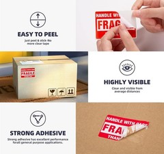3 X 2 Inch Handle with Care 500 Fragile Stickers for Shipping Moving Glass Perma