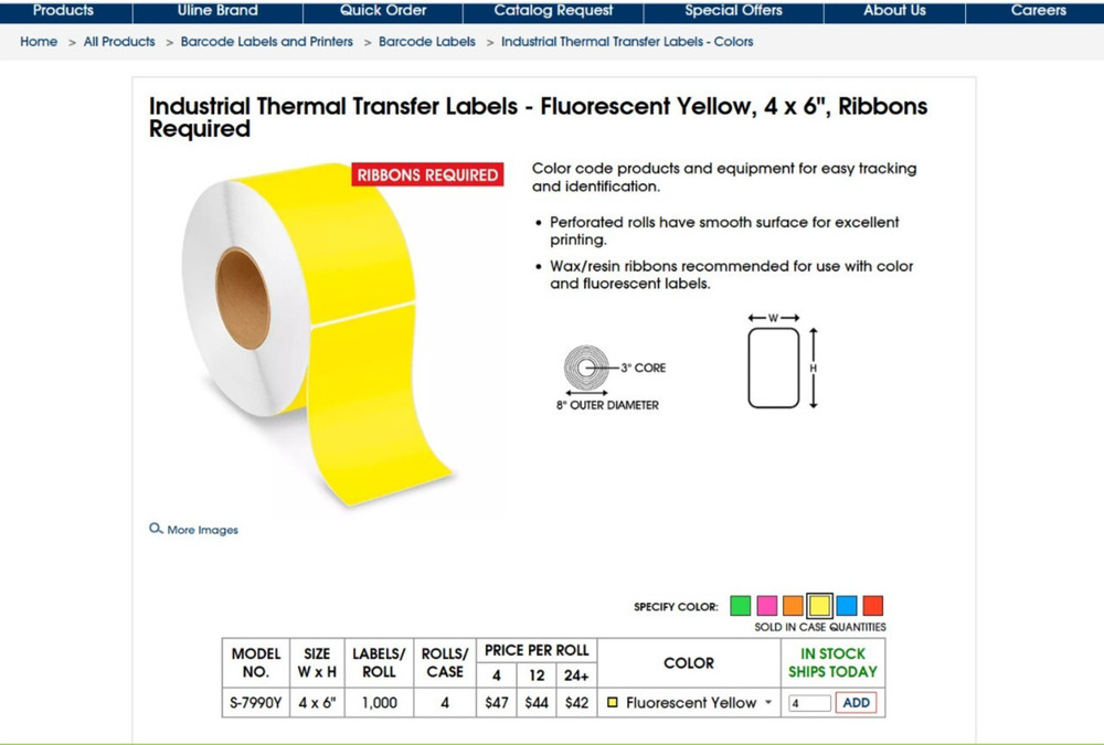 Case of 4 – ULine Industrial Thermal Transfer Labels Yellow, 4 x 6″ – S-7990Y
