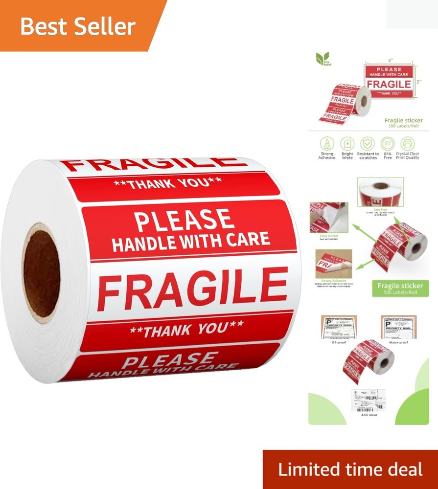 Fluorescent Red 2″ x 3″ Fragile Stickers – 500 Count for Reliable Protection