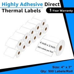 12 Rolls 500 Labels 4X3 Direct Thermal for Zebra LP 2442 LP 2844 Eltron ZP450