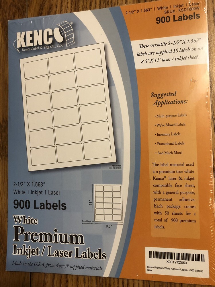 Kenco White Premium Inkjet Labels 8 1/2 X 11