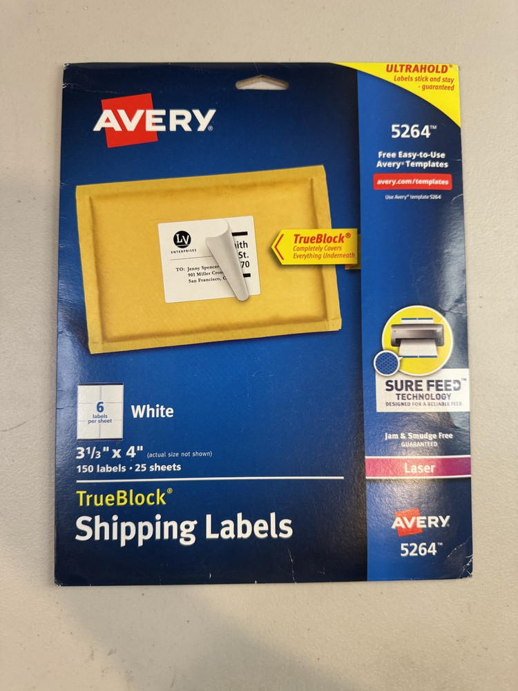 Avery TrueBlock Shipping Labels 150 Labels 3 1/3”x4” 5264 Laser Printer SureFeed