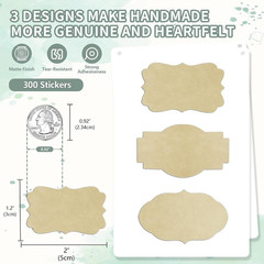 300 Pcs Kraft Labels Stickers, 1.2X2 Inch, 3 Decorative Designs, Writable for Gi